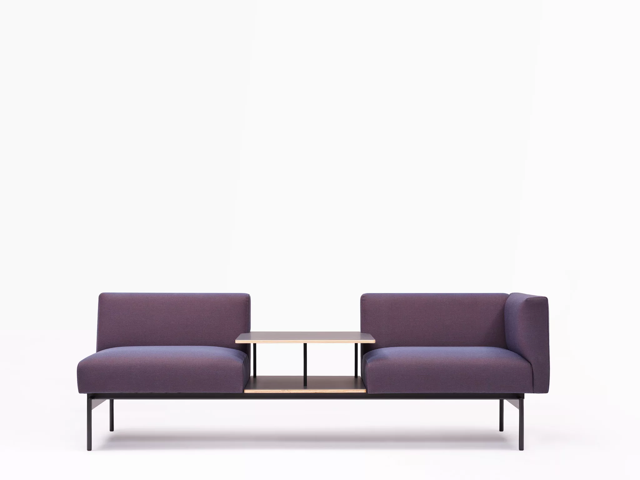 Purple waiting area seating with table and metal legs