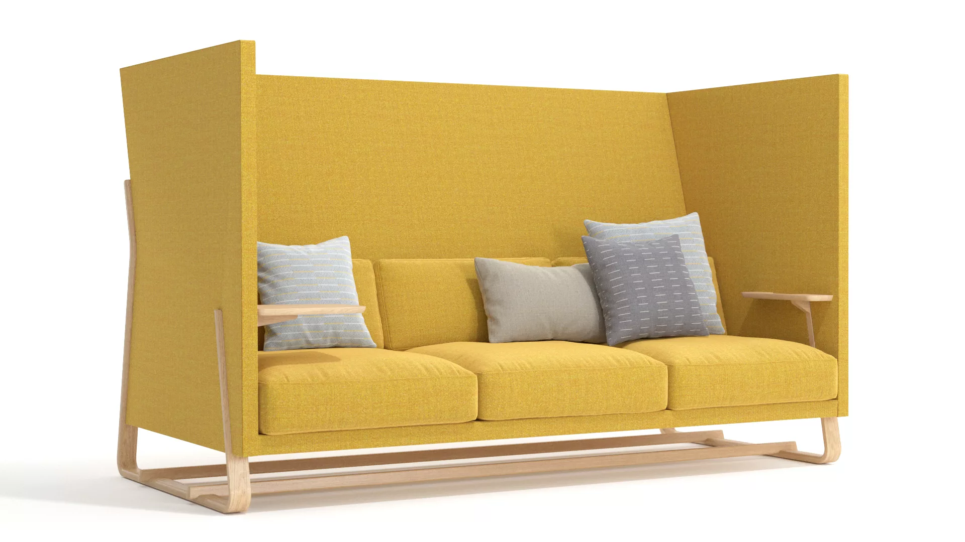 Yellow high back sofa with wooden base and table
