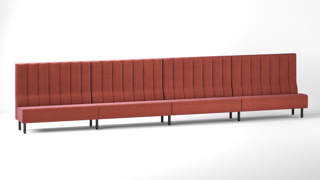 Ways, New Design Group's banquette seating with a high back, vertical fluting and a chunky base