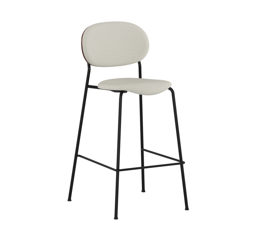 Cara Bar Stool Partially Upholstered in white with Natural Wood Grain Walnut Back and Black Legs Front View No Background